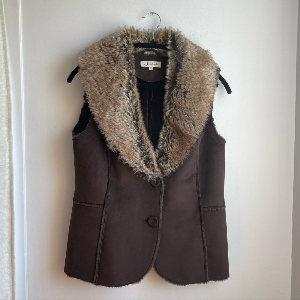 Faux Suede w/Faux Fur Collar Vest-Layering-Dark Brown-Size S